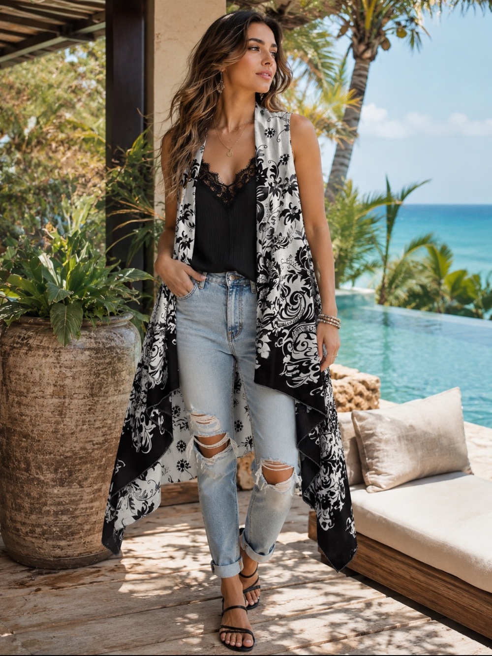 Black & White Printed Sleeveless Kimono